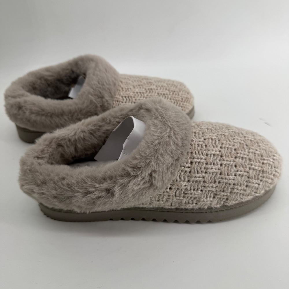 Dearfoams Womens Knit Slippers Oatmeal Heather Faux Fur Memory Foam Size M 7-8